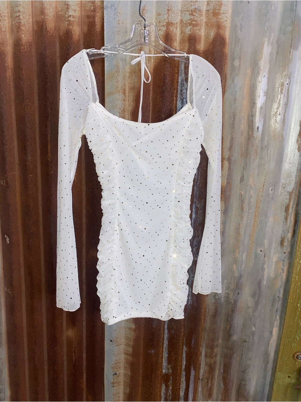 White Long-Sleeve Ruched Mini Dress with Sparkle Accents